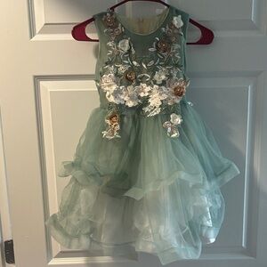 Floral Embellished Green Kids Dress